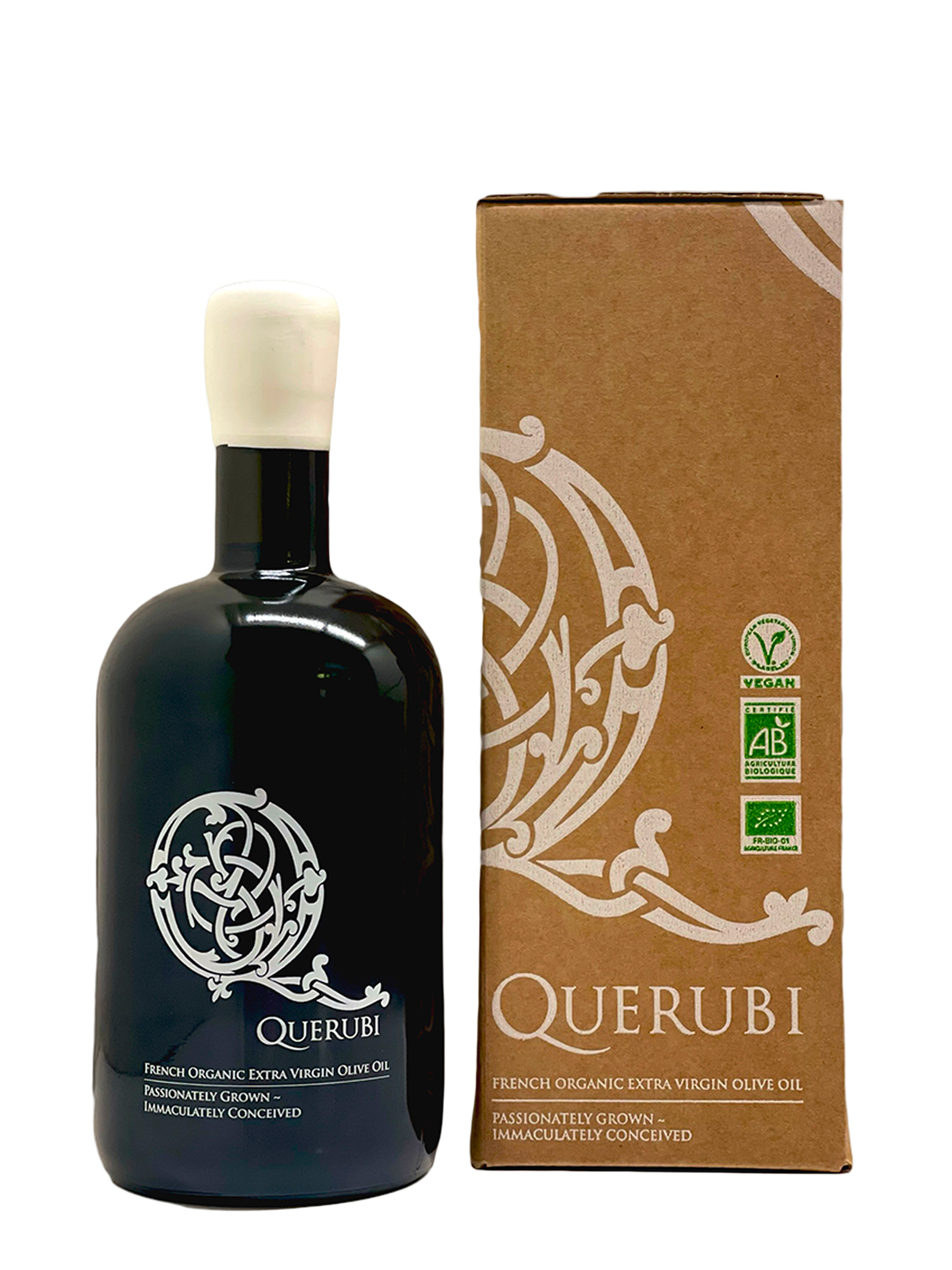 Bottle of Querubi olive oil with its packaging on a white background