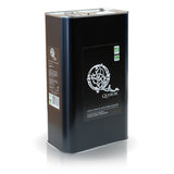 A black rectangular 3L tin container with a label that reads 'Querubi' and indicates it is organic extra virgin olive oil.