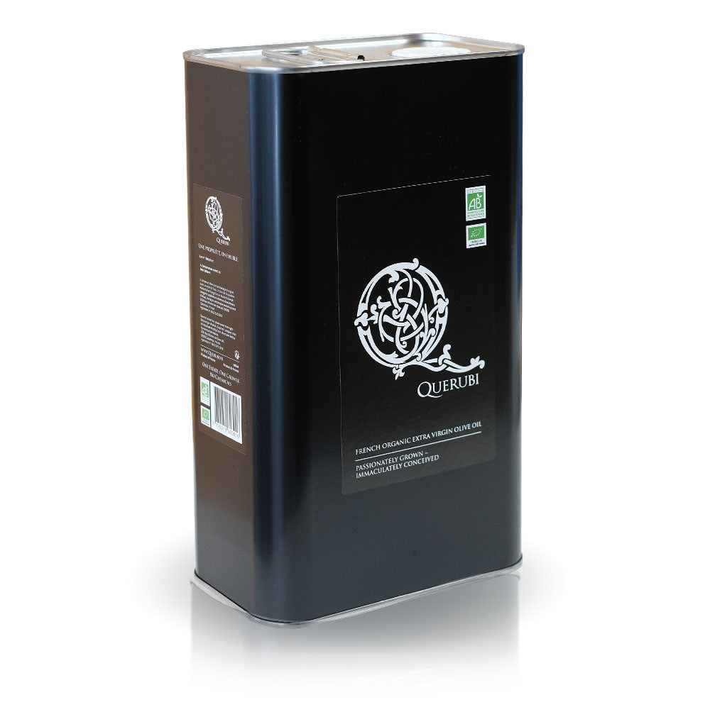 A black rectangular 3L tin container with a label that reads 'Querubi' and indicates it is organic extra virgin olive oil.